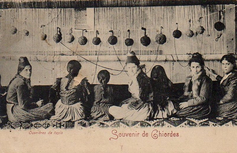 Turkish (roller beam) loom and weavers, c1900s