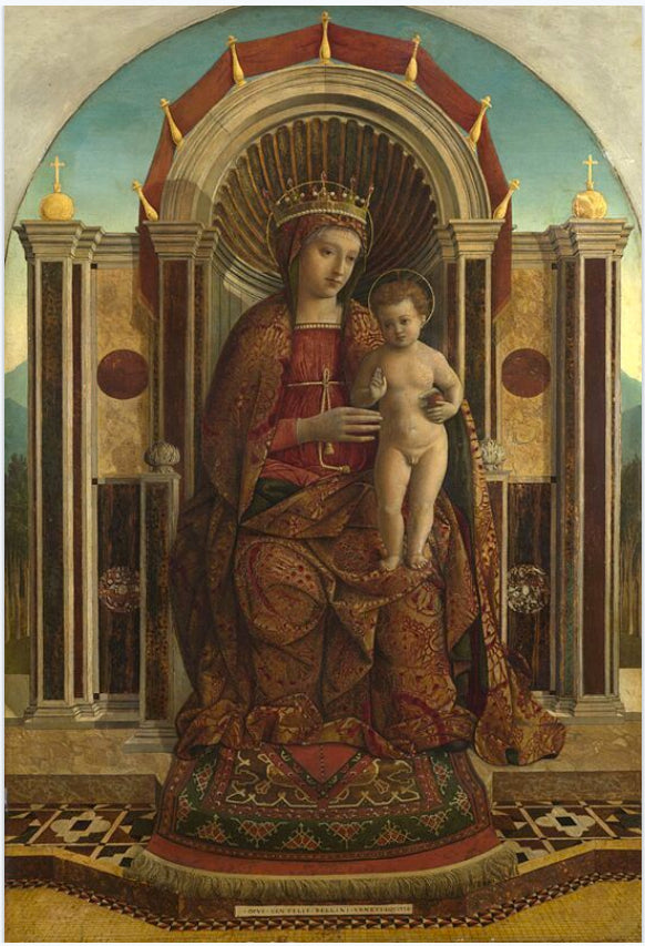 A "Bellini type" Anatolian Islamic prayer rug, seen from the top, at the feet of the Virgin Mary, in Gentile Bellini's Madonna and Child Enthroned, late 15th century.