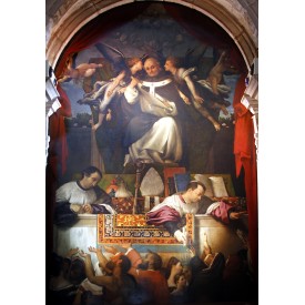 The Alms of St Anthony, oil on wood painting by Lorenzo Lotto, showing a Lotto carpet, 1542