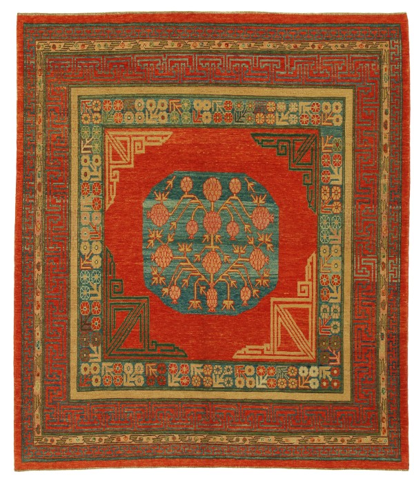 Square Khotan Rug with Pomegranate Design